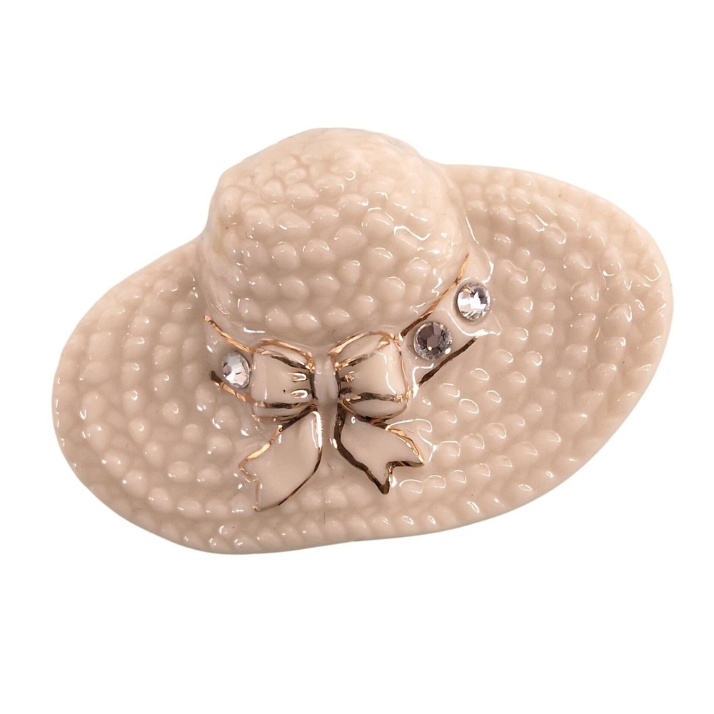 Lenox Porcelain Sun Hat Brooch Pin | Peach Beaded Bow‎ | Vintage Style